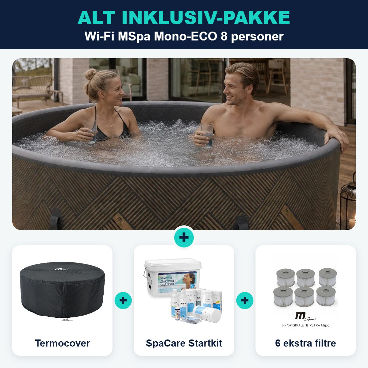 Alt inklusiv-pakke: Wi-Fi MSpa Mono-ECO 8 med termocover, SpaCare Startkit og 6 ekstra filtre