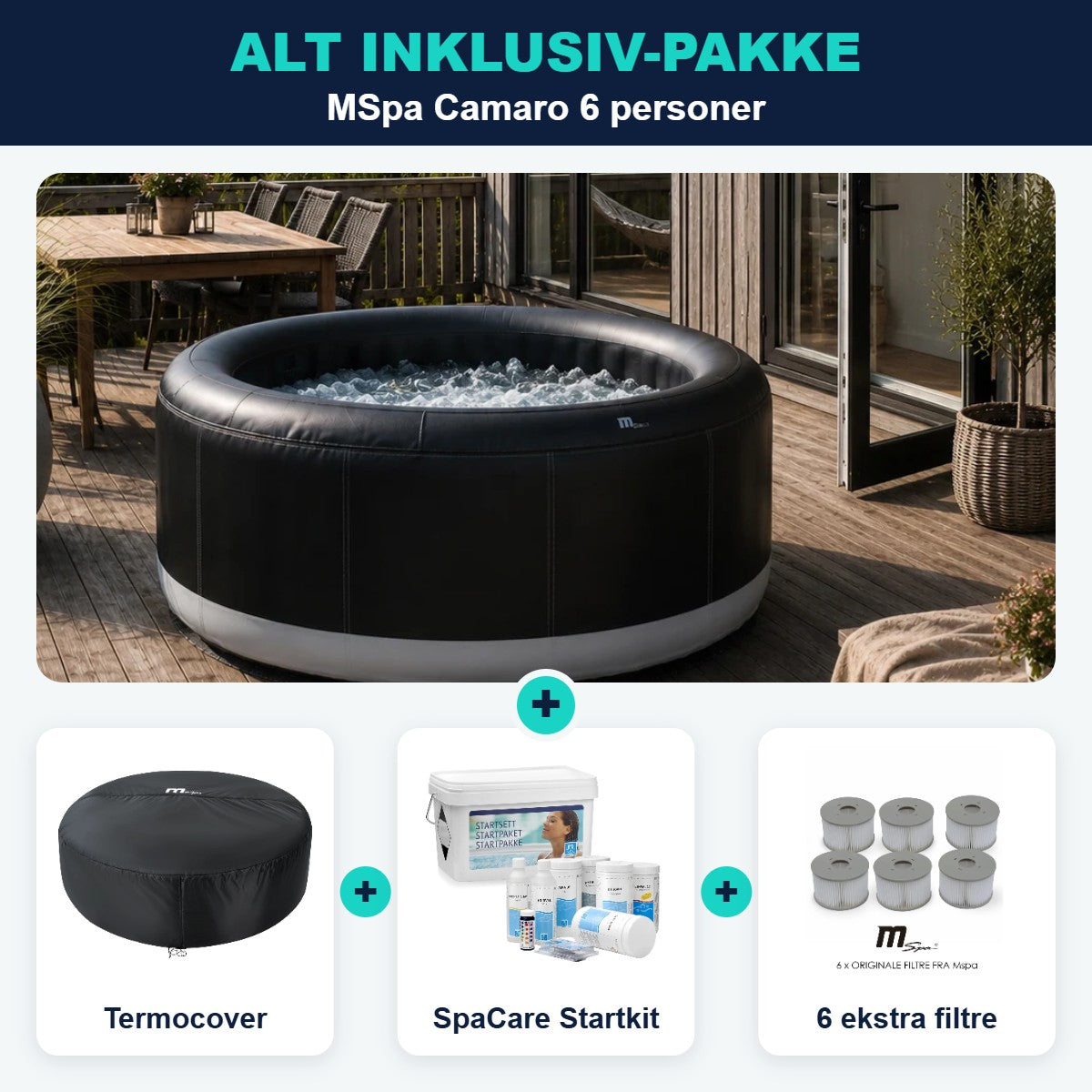 Alt inklusiv-pakke: MSpa Camaro 6 med termocover, SpaCare Startkit og 6 ekstra filtre